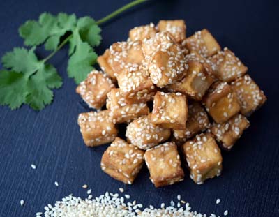 tofu piled pretty with sesame seeds
