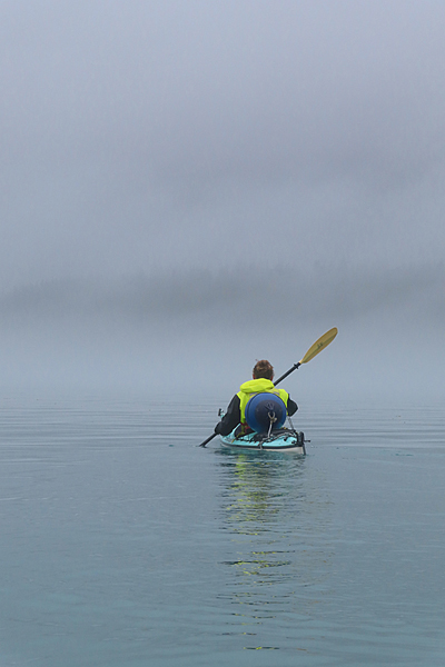 Kayaking in fog muir inlet Glacier Bay National Park Alaska