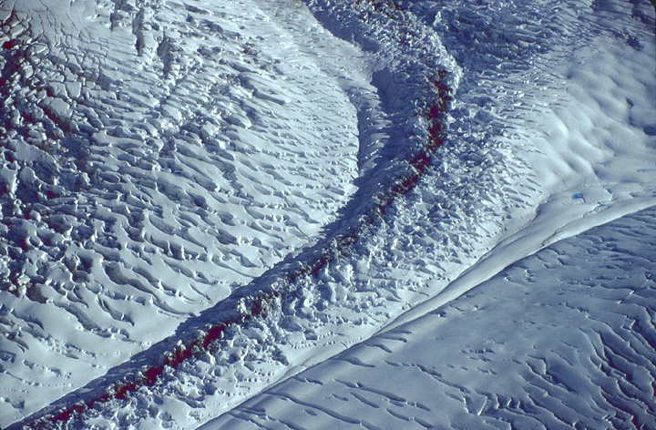 medial morraines in alaska glacier from plane 