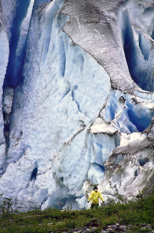 Person in yellow jacket near Reid Glacier alaska