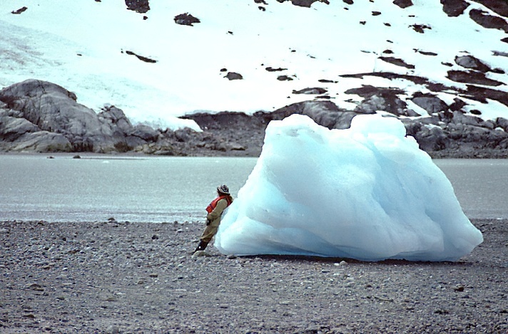 Person by stranded iceberg at Reid Glacier alaska